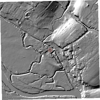 Shaded relief map of the ground around EX26JL, computed from Environment Agency LiDAR. The ground here sits at about 4 m above sea level and falls 25 m across the surrounding 800 m. Surface water reaching this point runs off ground lying to the east-north-east, 20.3 m higher.