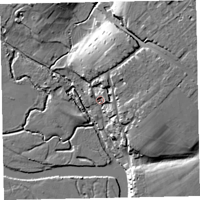 Shaded relief map of the ground around EX26LH, computed from Environment Agency LiDAR. The ground here sits at about 8 m above sea level and falls 27 m across the surrounding 800 m. Surface water reaching this point runs off ground lying to the north-east, 17.8 m higher.
