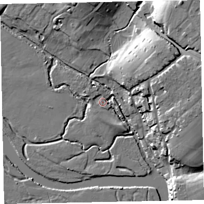 Shaded relief map of the ground around EX26LL, computed from Environment Agency LiDAR. The ground here sits at about 4 m above sea level and falls 25 m across the surrounding 800 m. Surface water reaching this point runs off ground lying to the south-south-west, 3.1 m higher.