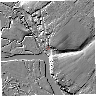 Shaded relief map of the ground around EX26LP, computed from Environment Agency LiDAR. The ground here sits at about 5 m above sea level and falls 24 m across the surrounding 800 m. Surface water reaching this point runs off ground lying to the north-north-east, 19.7 m higher.