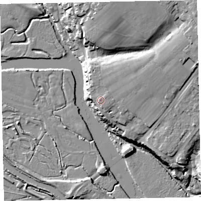 Shaded relief map of the ground around EX26LR, computed from Environment Agency LiDAR. The ground here sits at about 13 m above sea level and falls 22 m across the surrounding 800 m. Surface water reaching this point runs off ground lying to the north-east, 1.1 m higher.