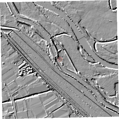 Shaded relief map of the ground around EX26LT, computed from Environment Agency LiDAR. The ground here sits at about 4 m above sea level and falls 7 m across the surrounding 800 m. Surface water reaching this point runs off ground lying to the north-west, 4.4 m higher.