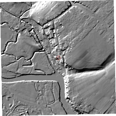 Shaded relief map of the ground around EX26LW, computed from Environment Agency LiDAR. The ground here sits at about 6 m above sea level and falls 24 m across the surrounding 800 m. Surface water reaching this point runs off ground lying to the north-east, 20.2 m higher.