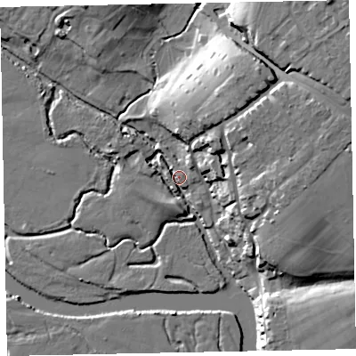 Shaded relief map of the ground around EX26LX, computed from Environment Agency LiDAR. The ground here sits at about 5 m above sea level and falls 25 m across the surrounding 800 m. Surface water reaching this point runs off ground lying to the west, 4.8 m higher.