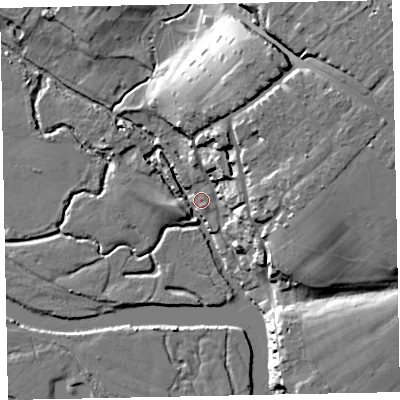 Shaded relief map of the ground around EX26LY, computed from Environment Agency LiDAR. The ground here sits at about 4 m above sea level and falls 25 m across the surrounding 800 m. Surface water reaching this point runs off ground lying to the north-north-east, 21.3 m higher.