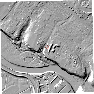 Shaded relief map of the ground around EX27BX, computed from Environment Agency LiDAR. The ground here sits at about 11 m above sea level and falls 23 m across the surrounding 800 m. Surface water reaching this point runs off ground lying to the north-north-east, 9.3 m higher.
