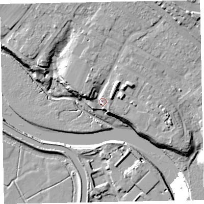 Shaded relief map of the ground around EX27BY, computed from Environment Agency LiDAR. The ground here sits at about 10 m above sea level and falls 23 m across the surrounding 800 m. Surface water reaching this point runs off ground lying to the north-north-east, 11.8 m higher.