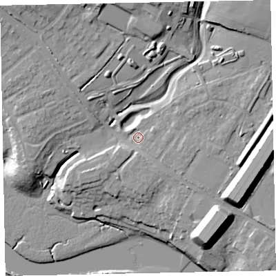 Shaded relief map of the ground around EX27DR, computed from Environment Agency LiDAR. The ground here sits at about 8 m above sea level and falls 20 m across the surrounding 800 m. Surface water reaching this point runs off ground lying to the south-east, 11.5 m higher.