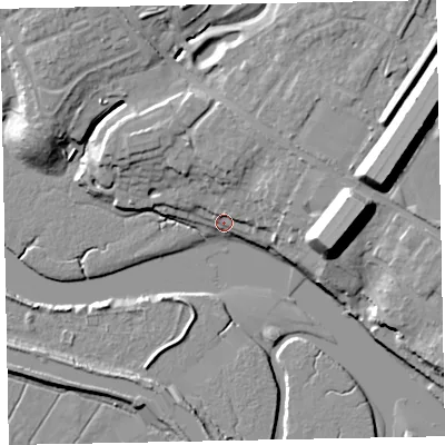 Shaded relief map of the ground around EX27EP, computed from Environment Agency LiDAR. The ground here sits at about 4 m above sea level and falls 20 m across the surrounding 800 m. Surface water reaching this point runs off ground lying to the north, 9.6 m higher.