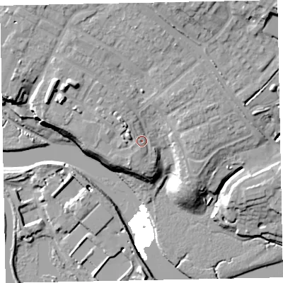 Shaded relief map of the ground around EX27EQ, computed from Environment Agency LiDAR. The ground here sits at about 10 m above sea level and falls 20 m across the surrounding 800 m. Surface water reaching this point runs off ground lying to the west-north-west, 4.2 m higher.