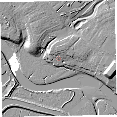 Shaded relief map of the ground around EX27EW, computed from Environment Agency LiDAR. The ground here sits at about 7 m above sea level and falls 20 m across the surrounding 800 m. Surface water reaching this point runs off ground lying to the north, 5.0 m higher.