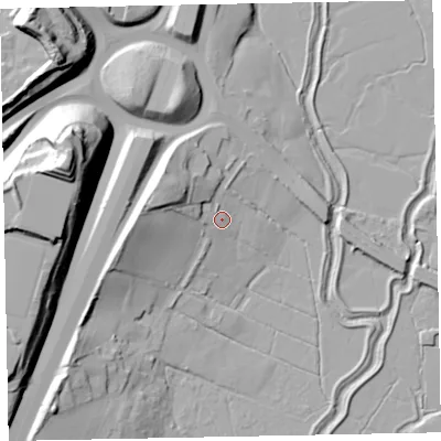 Shaded relief map of the ground around EX27JL, computed from Environment Agency LiDAR. The ground here sits at about 7 m above sea level and falls 43 m across the surrounding 800 m. Surface water reaching this point runs off ground lying to the west-north-west, 13.5 m higher.