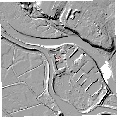Shaded relief map of the ground around EX27RZ, computed from Environment Agency LiDAR. The ground here sits at about 2 m above sea level and falls 16 m across the surrounding 800 m. Surface water reaching this point runs off ground lying to the south-east, 3.5 m higher.