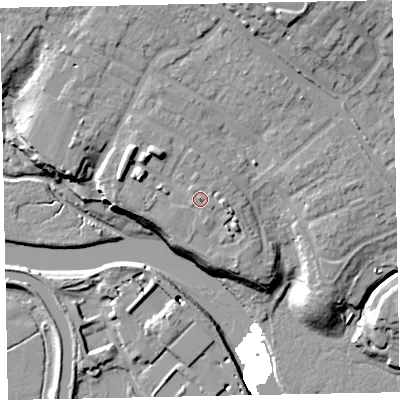 Shaded relief map of the ground around EX27SU, computed from Environment Agency LiDAR. The ground here sits at about 12 m above sea level and falls 22 m across the surrounding 800 m. Surface water reaching this point runs off ground lying to the south-east, 1.0 m higher.