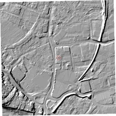 Shaded relief map of the ground around EX28AA, computed from Environment Agency LiDAR. The ground here sits at about 7 m above sea level and falls 17 m across the surrounding 800 m. Surface water reaching this point runs off ground lying to the south-west, 15.2 m higher.