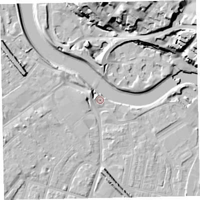 Shaded relief map of the ground around EX28AF, computed from Environment Agency LiDAR. The ground here sits at about 8 m above sea level and falls 30 m across the surrounding 800 m. Surface water reaching this point runs off ground lying to the west, 1.5 m higher.