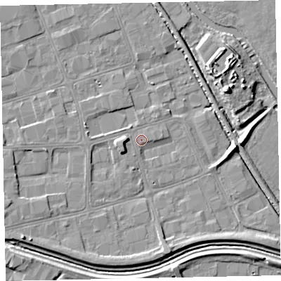 Shaded relief map of the ground around EX28AG, computed from Environment Agency LiDAR. The ground here sits at about 6 m above sea level and falls 9 m across the surrounding 800 m. Surface water reaching this point runs off ground lying to the west, 3.1 m higher.