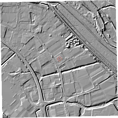 Shaded relief map of the ground around EX28AH, computed from Environment Agency LiDAR. The ground here sits at about 4 m above sea level and falls 17 m across the surrounding 800 m. The ground contributing surface water to this point lies to the west.