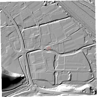 Shaded relief map of the ground around EX28AL, computed from Environment Agency LiDAR. The ground here sits at about 5 m above sea level and falls 37 m across the surrounding 800 m. Surface water reaching this point runs off ground lying to the north-east, 1.1 m higher.