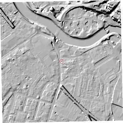 Shaded relief map of the ground around EX28AP, computed from Environment Agency LiDAR. The ground here sits at about 7 m above sea level and falls 25 m across the surrounding 800 m. Surface water reaching this point runs off ground lying to the north-north-west, 5.1 m higher.