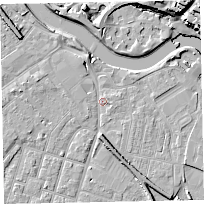 Shaded relief map of the ground around EX28AR, computed from Environment Agency LiDAR. The ground here sits at about 8 m above sea level and falls 24 m across the surrounding 800 m. Surface water reaching this point runs off ground lying to the north-north-west, 5.1 m higher.