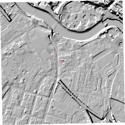 Shaded relief map of the ground around EX28AS, computed from Environment Agency LiDAR. The ground here sits at about 7 m above sea level and falls 24 m across the surrounding 800 m. Surface water reaching this point runs off ground lying to the north-east, 1.3 m higher.