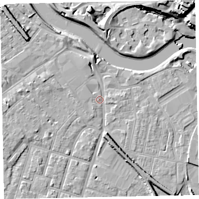Shaded relief map of the ground around EX28AT, computed from Environment Agency LiDAR. The ground here sits at about 7 m above sea level and falls 25 m across the surrounding 800 m. Surface water reaching this point runs off ground lying to the north, 5.1 m higher.