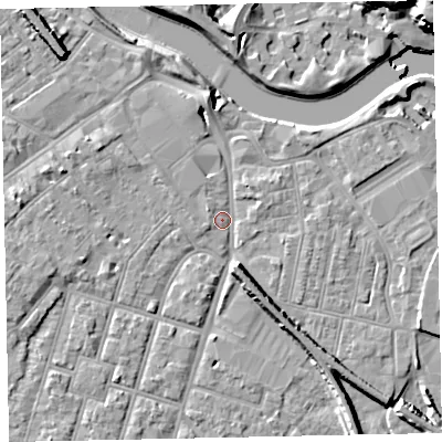 Shaded relief map of the ground around EX28AU, computed from Environment Agency LiDAR. The ground here sits at about 8 m above sea level and falls 16 m across the surrounding 800 m. Surface water reaching this point runs off ground lying to the north, 5.1 m higher.