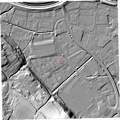 Shaded relief map of the ground around EX28AW, computed from Environment Agency LiDAR. The ground here sits at about 5 m above sea level and falls 29 m across the surrounding 800 m. Surface water reaching this point runs off ground lying to the west-north-west, 1.4 m higher.