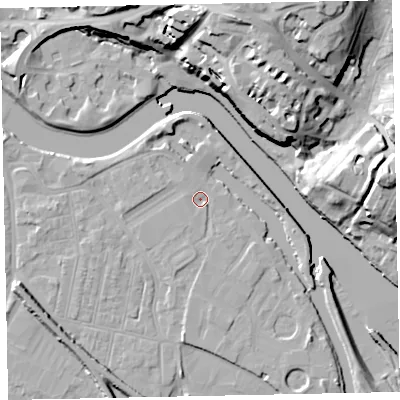 Shaded relief map of the ground around EX28AX, computed from Environment Agency LiDAR. The ground here sits at about 7 m above sea level and falls 31 m across the surrounding 800 m. Surface water reaching this point runs off ground lying to the west-north-west, 1.8 m higher.