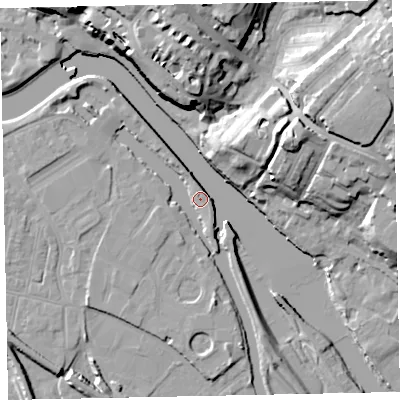 Shaded relief map of the ground around EX28AY, computed from Environment Agency LiDAR. The ground here sits at about 7 m above sea level and falls 30 m across the surrounding 800 m. Surface water reaching this point runs off ground lying to the south, 4.5 m higher.