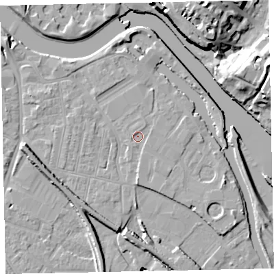 Shaded relief map of the ground around EX28BA, computed from Environment Agency LiDAR. The ground here sits at about 7 m above sea level and falls 27 m across the surrounding 800 m. Surface water reaching this point runs off ground lying to the north-north-east, 1.1 m higher.