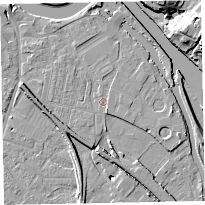 Shaded relief map of the ground around EX28BB, computed from Environment Agency LiDAR. The ground here sits at about 8 m above sea level and falls 22 m across the surrounding 800 m. Surface water reaching this point runs off ground lying to the south-south-east, 2.1 m higher.