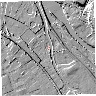 Shaded relief map of the ground around EX28BD, computed from Environment Agency LiDAR. The ground here sits at about 5 m above sea level and falls 21 m across the surrounding 800 m. Surface water reaching this point runs off ground lying to the west-north-west, 5.1 m higher.