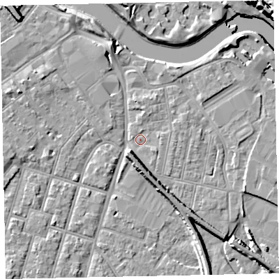 Shaded relief map of the ground around EX28BE, computed from Environment Agency LiDAR. The ground here sits at about 8 m above sea level and falls 19 m across the surrounding 800 m. Surface water reaching this point runs off ground lying to the north-north-east, 1.2 m higher.