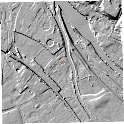 Shaded relief map of the ground around EX28BG, computed from Environment Agency LiDAR. The ground here sits at about 6 m above sea level and falls 22 m across the surrounding 800 m. Surface water reaching this point runs off ground lying to the north-north-east, 1.6 m higher.