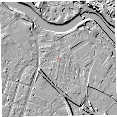 Shaded relief map of the ground around EX28BH, computed from Environment Agency LiDAR. The ground here sits at about 8 m above sea level and falls 25 m across the surrounding 800 m. Surface water reaching this point runs off ground lying to the north-north-west, 1.1 m higher.