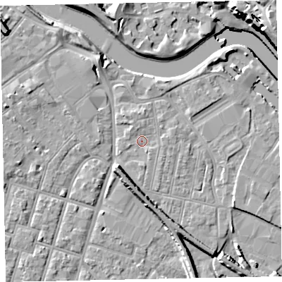 Shaded relief map of the ground around EX28BJ, computed from Environment Agency LiDAR. The ground here sits at about 7 m above sea level and falls 22 m across the surrounding 800 m. Surface water reaching this point runs off ground lying to the north-north-west, 1.2 m higher.