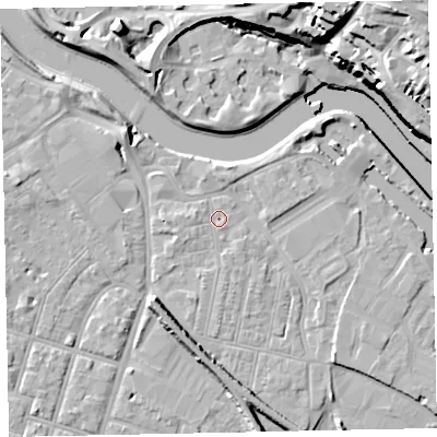 Shaded relief map of the ground around EX28BL, computed from Environment Agency LiDAR. The ground here sits at about 8 m above sea level and falls 27 m across the surrounding 800 m. Surface water reaching this point runs off ground lying to the south, 1.2 m higher.