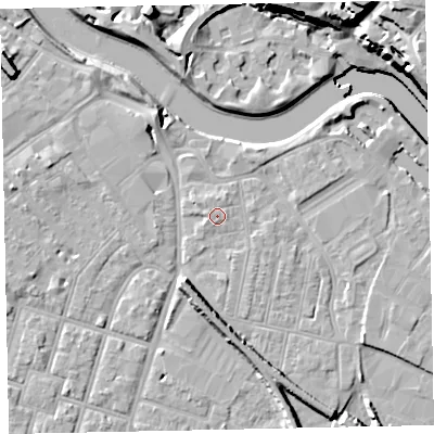 Shaded relief map of the ground around EX28BN, computed from Environment Agency LiDAR. The ground here sits at about 8 m above sea level and falls 24 m across the surrounding 800 m. Surface water reaching this point runs off ground lying to the north, 0.7 m higher.