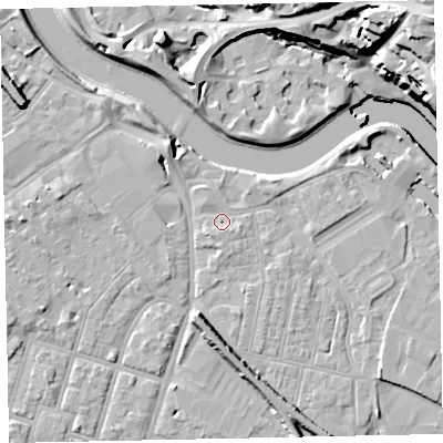 Shaded relief map of the ground around EX28BP, computed from Environment Agency LiDAR. The ground here sits at about 7 m above sea level and falls 27 m across the surrounding 800 m. Surface water reaching this point runs off ground lying to the south-east, 1.6 m higher.