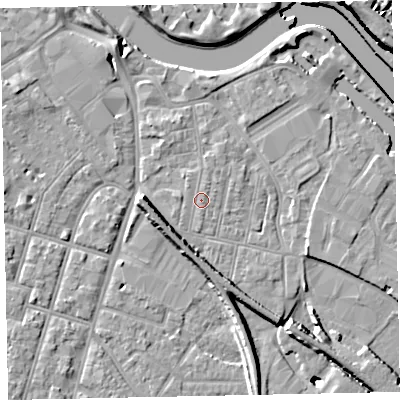 Shaded relief map of the ground around EX28BQ, computed from Environment Agency LiDAR. The ground here sits at about 8 m above sea level and falls 25 m across the surrounding 800 m. Surface water reaching this point runs off ground lying to the north-north-east, 0.8 m higher.