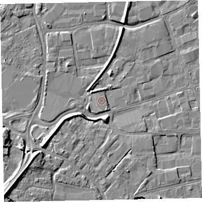 Shaded relief map of the ground around EX28BR, computed from Environment Agency LiDAR. The ground here sits at about 7 m above sea level and falls 12 m across the surrounding 800 m. Surface water reaching this point runs off ground lying to the south-south-east, 1.6 m higher.