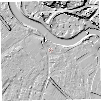 Shaded relief map of the ground around EX28BS, computed from Environment Agency LiDAR. The ground here sits at about 8 m above sea level and falls 29 m across the surrounding 800 m. Surface water reaching this point runs off ground lying to the north-west, 3.3 m higher.