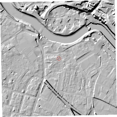 Shaded relief map of the ground around EX28BW, computed from Environment Agency LiDAR. The ground here sits at about 8 m above sea level and falls 27 m across the surrounding 800 m. Surface water reaching this point runs off ground lying to the south-south-east, 1.2 m higher.