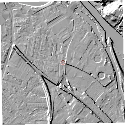 Shaded relief map of the ground around EX28BX, computed from Environment Agency LiDAR. The ground here sits at about 8 m above sea level and falls 21 m across the surrounding 800 m. Surface water reaching this point runs off ground lying to the east, 1.9 m higher.