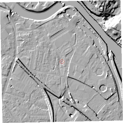 Shaded relief map of the ground around EX28BY, computed from Environment Agency LiDAR. The ground here sits at about 7 m above sea level and falls 24 m across the surrounding 800 m. Surface water reaching this point runs off ground lying to the south-south-east, 2.3 m higher.