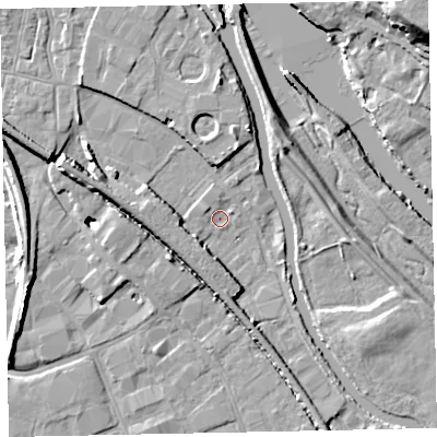 Shaded relief map of the ground around EX28BZ, computed from Environment Agency LiDAR. The ground here sits at about 6 m above sea level and falls 20 m across the surrounding 800 m. Surface water reaching this point runs off ground lying to the west, 3.6 m higher.