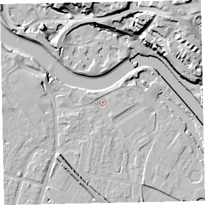 Shaded relief map of the ground around EX28DA, computed from Environment Agency LiDAR. The ground here sits at about 8 m above sea level and falls 33 m across the surrounding 800 m. Surface water reaching this point runs off ground lying to the west-north-west, 1.9 m higher.