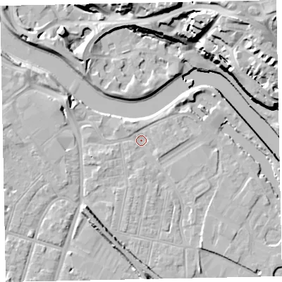 Shaded relief map of the ground around EX28DB, computed from Environment Agency LiDAR. The ground here sits at about 7 m above sea level and falls 30 m across the surrounding 800 m. Surface water reaching this point runs off ground lying to the north-north-west, 1.9 m higher.